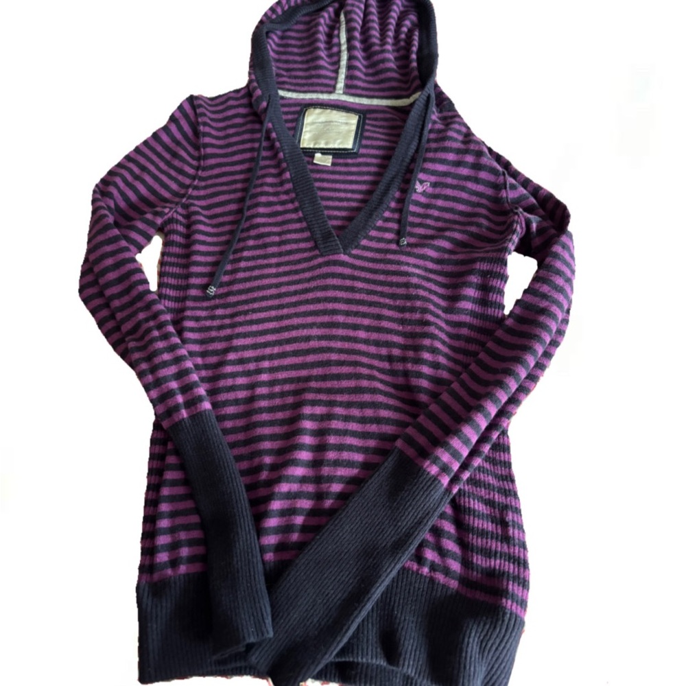 American Eagle Outfitters Purple and Black Striped V-Neck Sweater